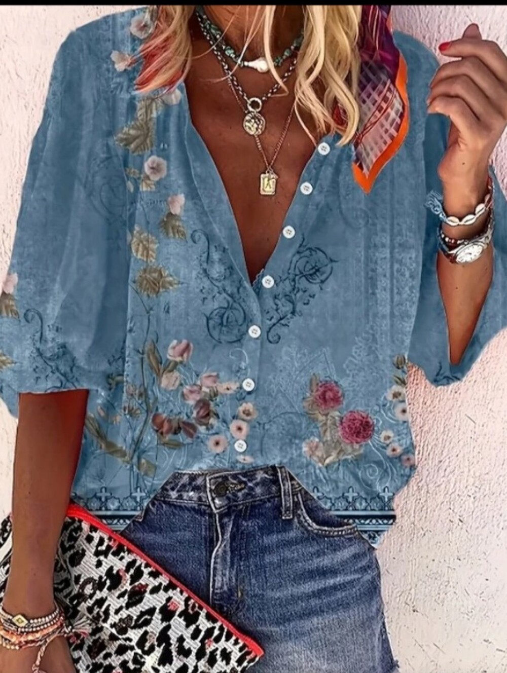 Light Blue Floral Button-Down Shirt - Casual Women’s Top